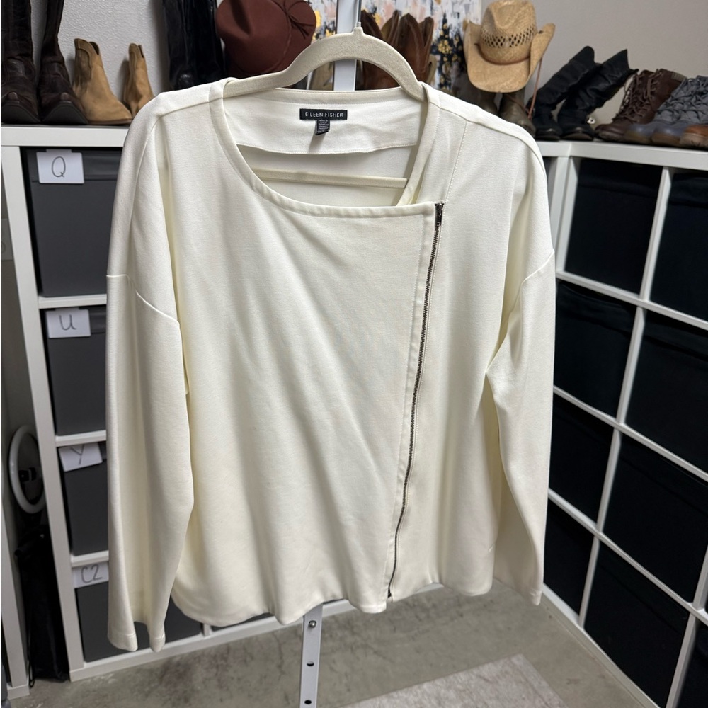 Eileen Fisher Flex Tencel Ponte Knit Moto Jacket Off White